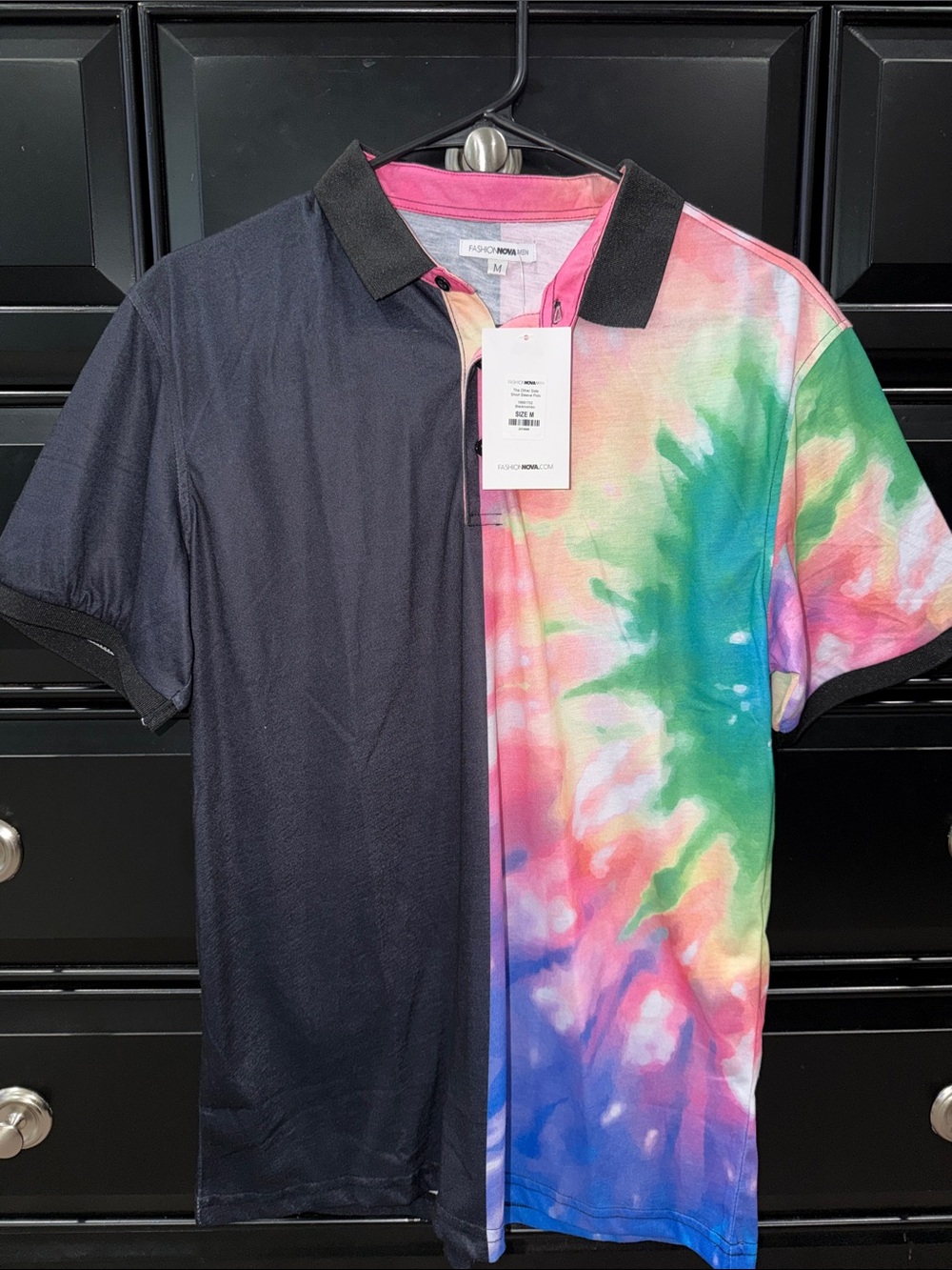 Fashion Nova Men’s Split Black & Multicolor Tie-Dye Polo